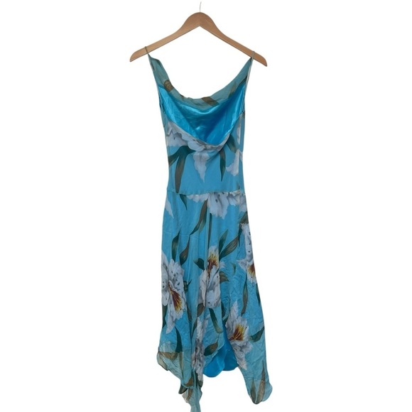 Vintage y2k Laundry by Shelli Segal Silk Blue Floral Asymmetrical Midi Dress 2 - Picture 3 of 11